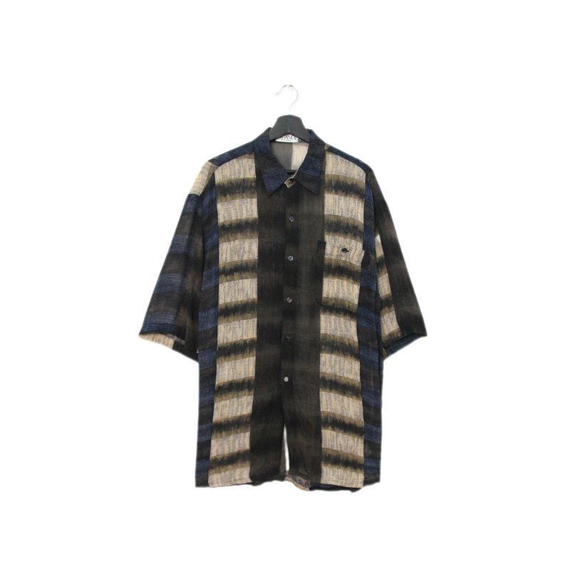 Back to Green-短袖花襯衫 深淺撞色 暈染 ss-43//vintage shirt - 男襯衫/休閒襯衫 - 棉．麻 