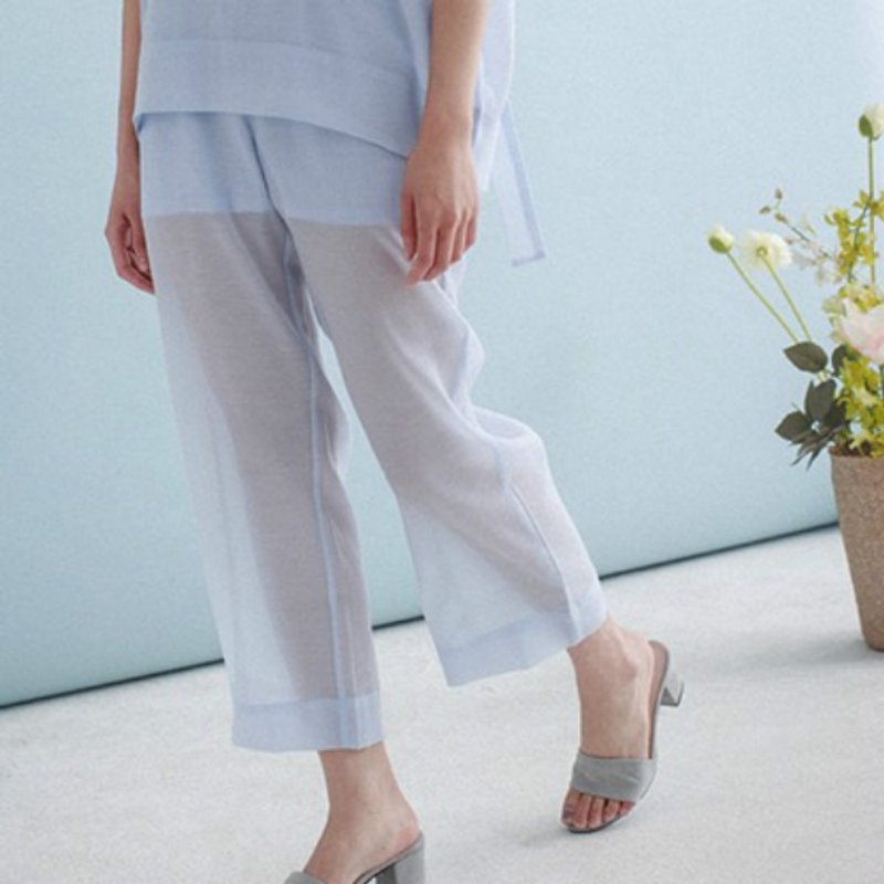 Blue Lagoon Blue modeling perspective wide leg pants elastic waist Xian Qi burst Recommended section | Fan Tata independent design Women - กางเกงขายาว - ผ้าฝ้าย/ผ้าลินิน สีน้ำเงิน