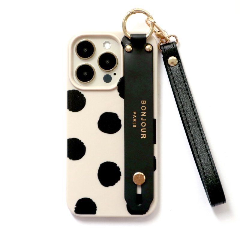 iPhone15/14/13/12 Seoul French beige black polka dot wrist phone case (with black wrist strap) - Phone Cases - Plastic Black