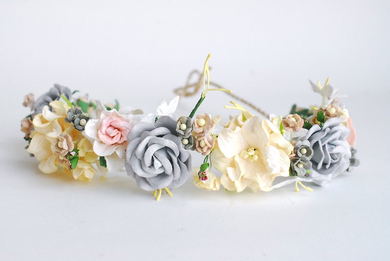Paper Flower, wedding crown, roses and small paper flowers, gray, beige color - Hair Accessories - Paper Khaki