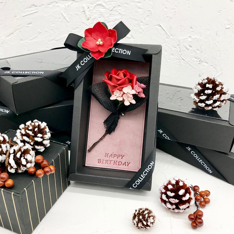 【Christmas Special】Mini-Leather Rose with Hydrangea Bouquet Pin Boxset - Brooches - Genuine Leather Multicolor