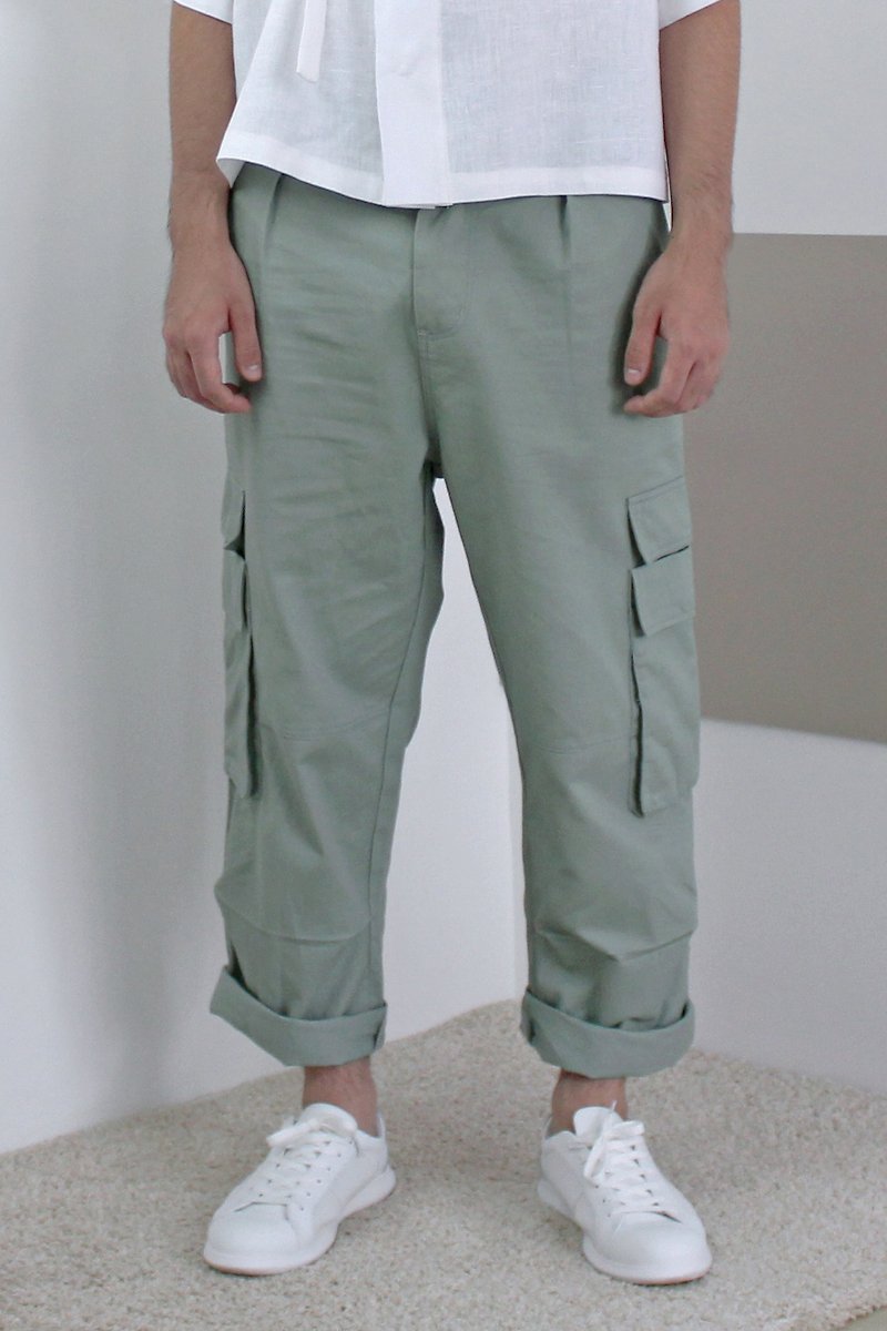 Multi Pocket Cargo Trousers - กางเกงขายาว - ผ้าฝ้าย/ผ้าลินิน สีเขียว