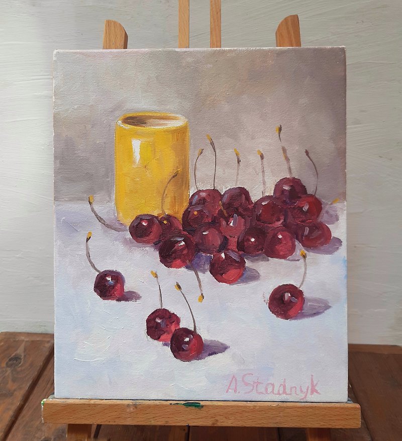 Cherries 10*12 inch 25*30 cm by Andriy Stadnyk Oil Paintings Impressionism Fruit - Wall Décor - Other Materials Multicolor