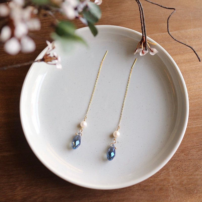 dark blue sky sea blue crystal long eareings pearl birthday valentine's day gift - Earrings & Clip-ons - Crystal Blue