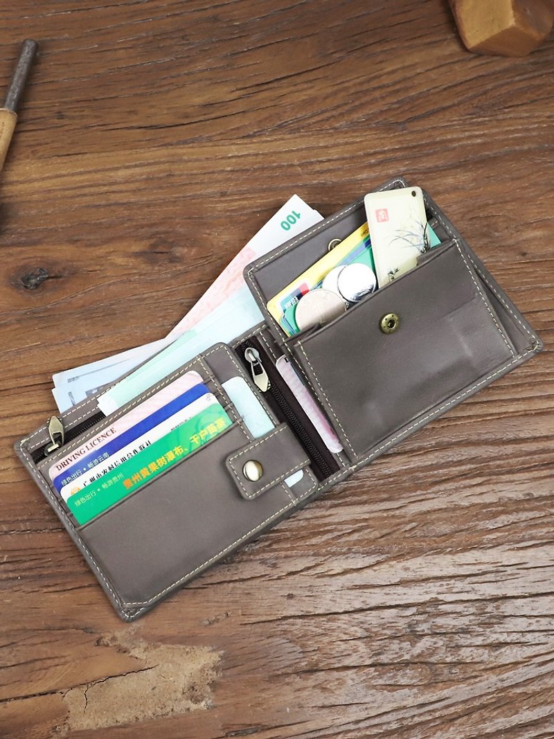 Genuine Leather Short Wallet Card Slots Coin Purse Multi-function Card Wallet - กระเป๋าสตางค์ - หนังแท้ สีเทา