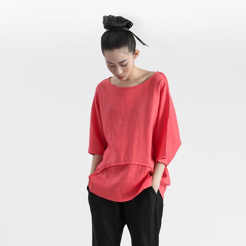 【In Stock】 Linen loose shirt (Orange) - เสื้อผู้หญิง - ผ้าฝ้าย/ผ้าลินิน สีแดง