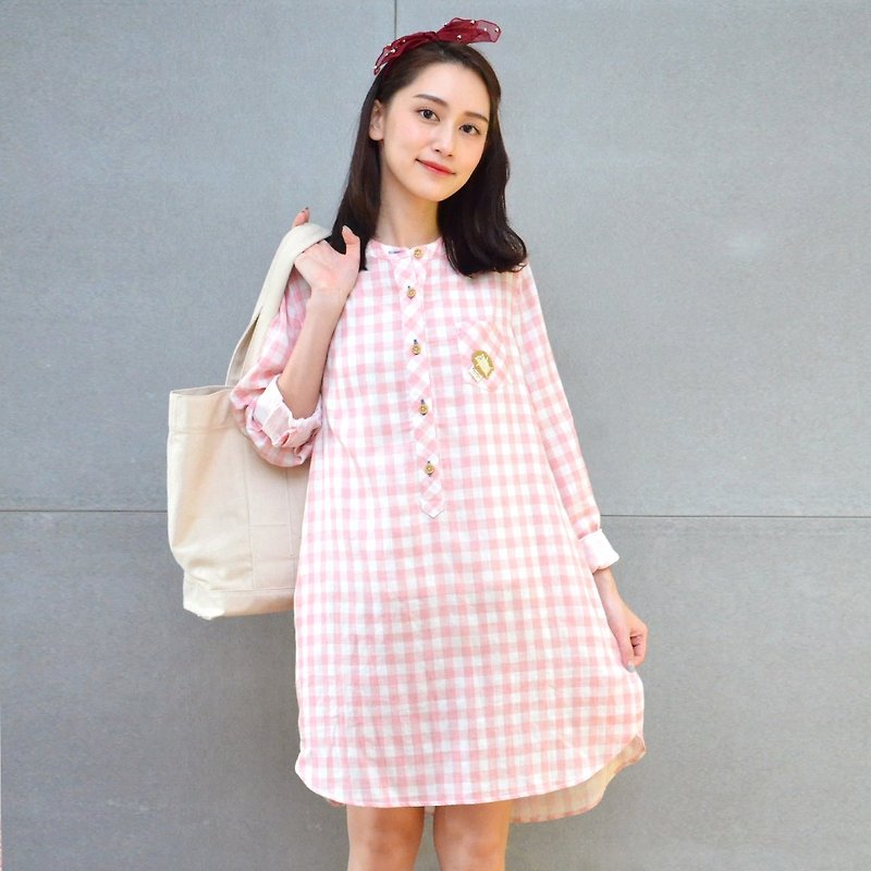 Autumn ∣ classic embroidered plaid dress (pink) - One Piece Dresses - Cotton & Hemp Pink