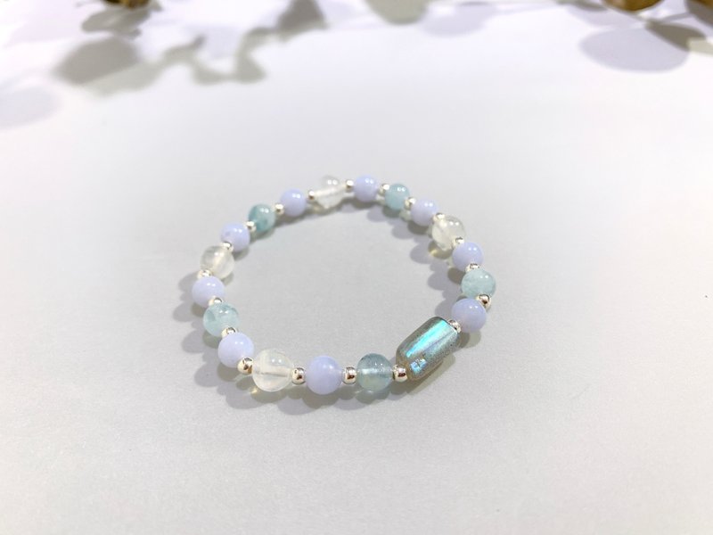 Ops Blue Lace Agate Moonstone labradorite Gemstones Lucky Silver bracelet - สร้อยข้อมือ - เครื่องเพชรพลอย สีน้ำเงิน