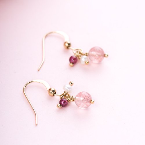 Pink Laboratory 粉紅製造 草莓晶珍珠石榴石14KGF耳環 | 925純銀 | 天然水晶耳勾耳夾耳環