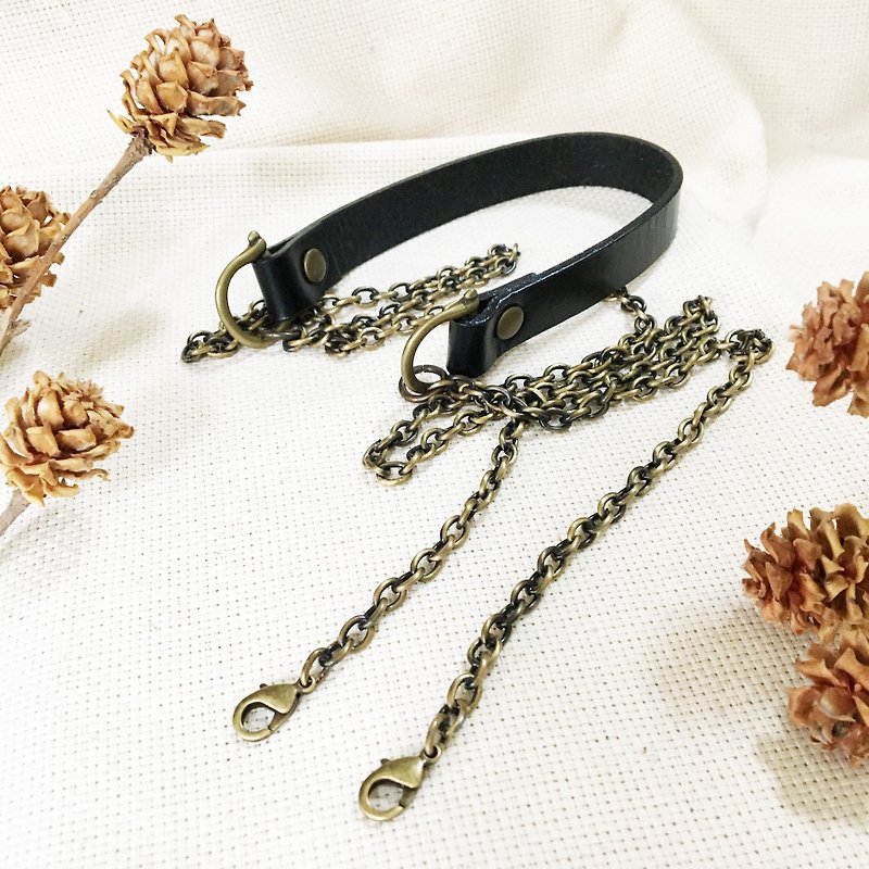 Decompression hand made bronze leather chain strap - black thin chain for small mouth gold - อื่นๆ - หนังแท้ สีดำ