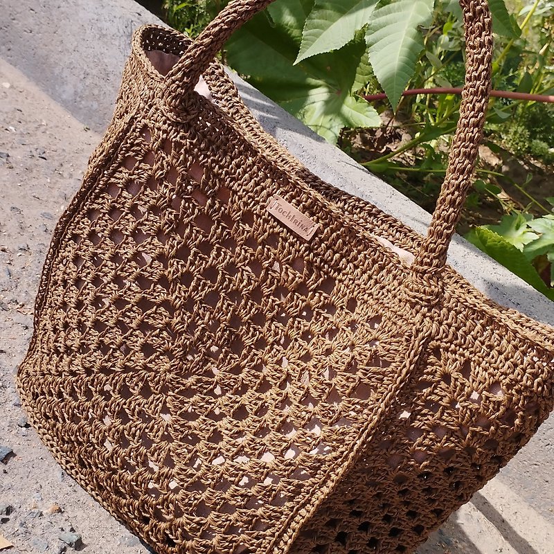 กระดาษ กระเป๋าถือ - Crochet paper rope bag Raffia brown tote bag Handmade shoulder bag for womens