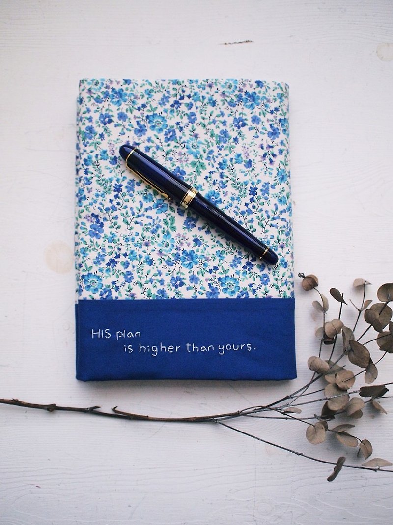 Floral stitching mountain work book jacket/book cover-F05 blue flower (notebook/diary/handbook) - Book Covers - Cotton & Hemp Blue