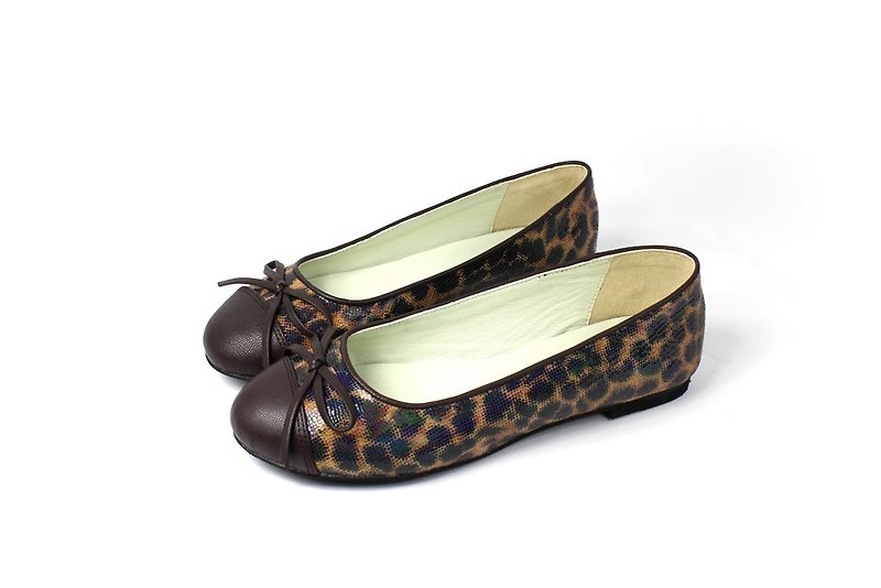 Leopard print piping doll shoes - รองเท้าบัลเลต์ - หนังแท้ สีนำ้ตาล