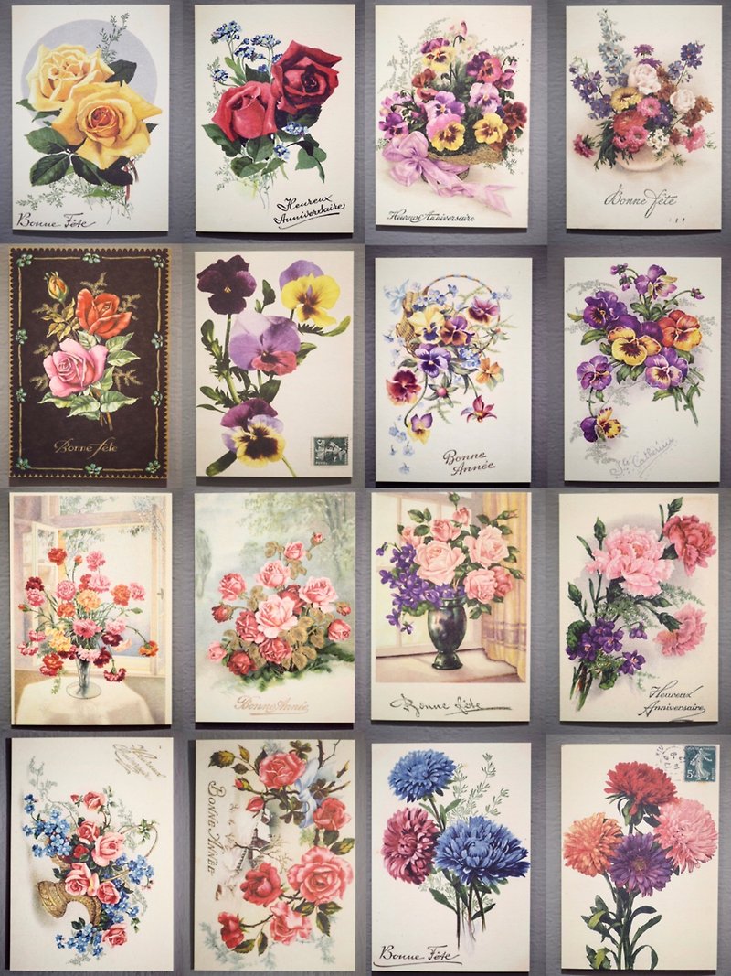 全套16張 法國百年花卉 復刻版明信片 - 卡片/明信片 - 紙 