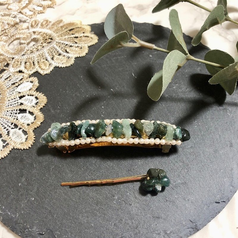 【母の日】天然石のヘアアクセサリー　ブルーグリーン - 髮夾/髮飾 - 寶石 綠色