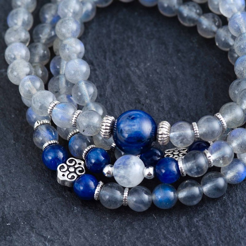 Labradorite, Moonstone, Kyanite, 925 Sterling Silver 108 Mala Beads Bracelet - Bracelets - Crystal Blue