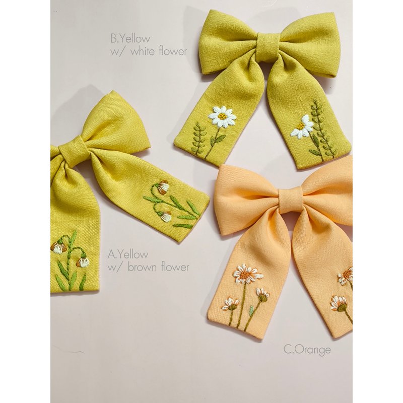 Embroidered Hair Bow #3 Yellow - 髮夾/髮圈 - 棉．麻 多色
