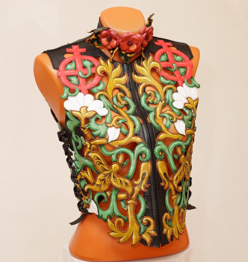 Genuine leather womens vest lacing multicolored perforation weaving flowers - 背心/無袖上衣 - 真皮 多色