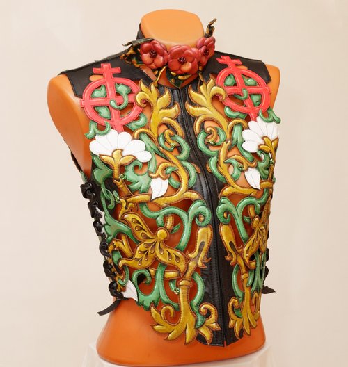 Sofalee Genuine leather womens vest lacing multicolored perforation weaving flowers