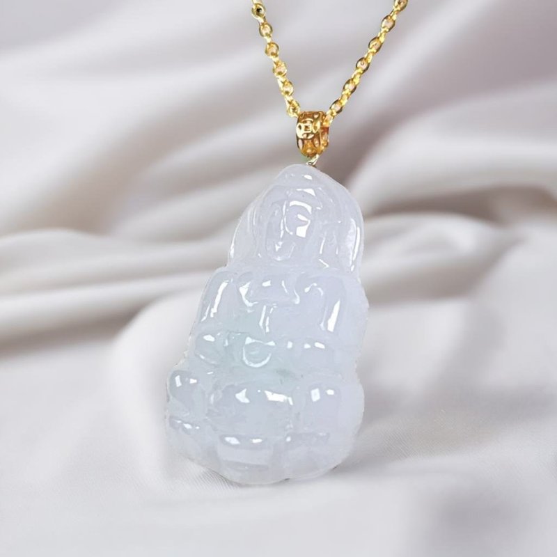 [Mother's Day Special] Ice Jade Guanyin Bodhisattva Necklace 18K Gold Pendant | Natural Burmese Jade Jade - Necklaces - Jade Transparent