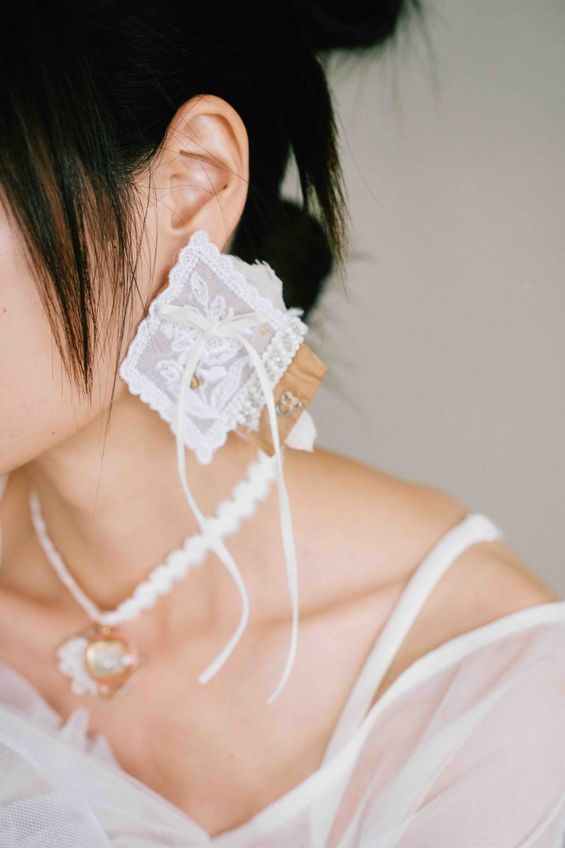 Embroidered lace earrings-pair - Earrings & Clip-ons - Other Materials White