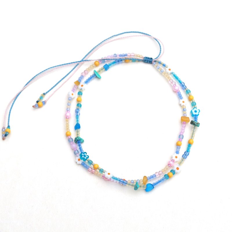 Pastel blue pink flower double layer adjustable choker necklace - Necklaces - Thread Multicolor