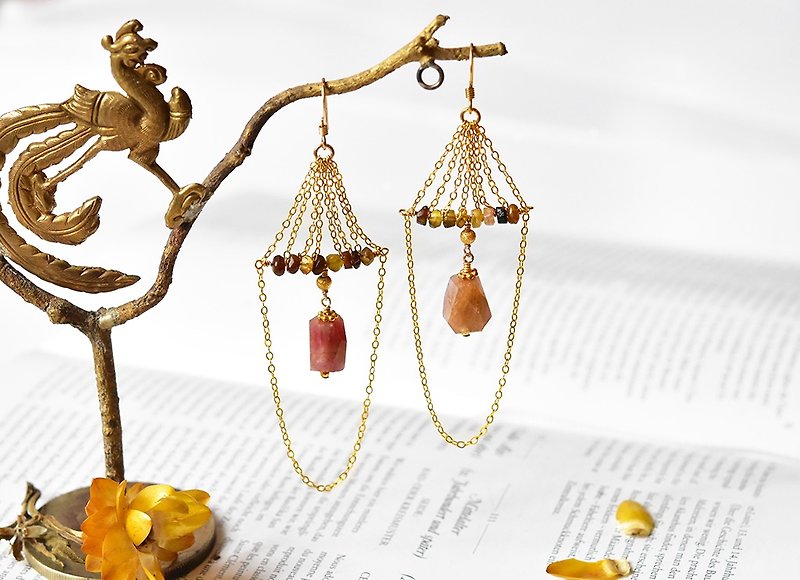Jufu-natural Gemstone tourmaline-14kgf earrings - Earrings & Clip-ons - Other Metals Gold