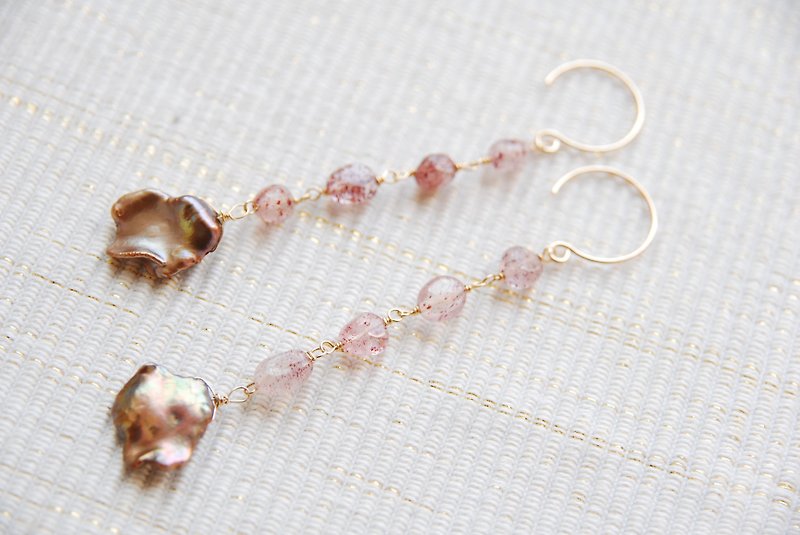 Lepidocrocite and brown poppy pearl earrings (14kgf) - Earrings & Clip-ons - Gemstone Brown