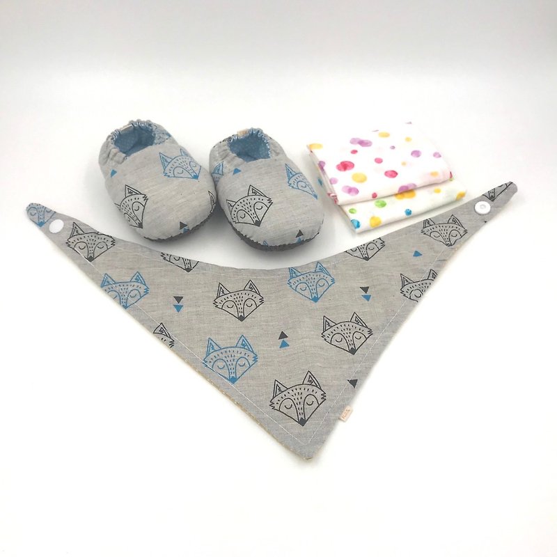 Fox head - Miyue baby gift box (toddler shoes / baby shoes / baby shoes + 2 handkerchief + scarf) - ของขวัญวันครบรอบ - ผ้าฝ้าย/ผ้าลินิน สีเทา