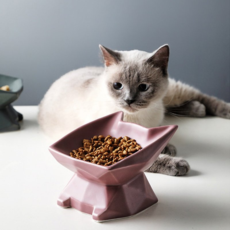 Cat-shaped oblique high foot pet bowl - purple - ชามอาหารสัตว์ - เครื่องลายคราม สีม่วง