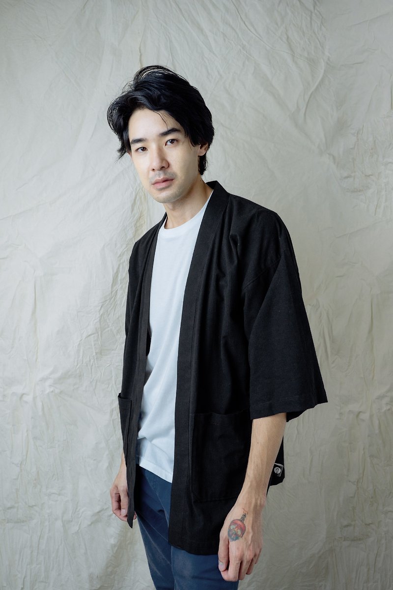 Black Kimono Jacket - 男夾克/外套 - 棉．麻 黑色