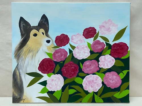Tiffany Chen of Hope Art Studio 客製化/喜樂蒂牧羊犬與芍藥/油畫彩繪/藝術裝飾