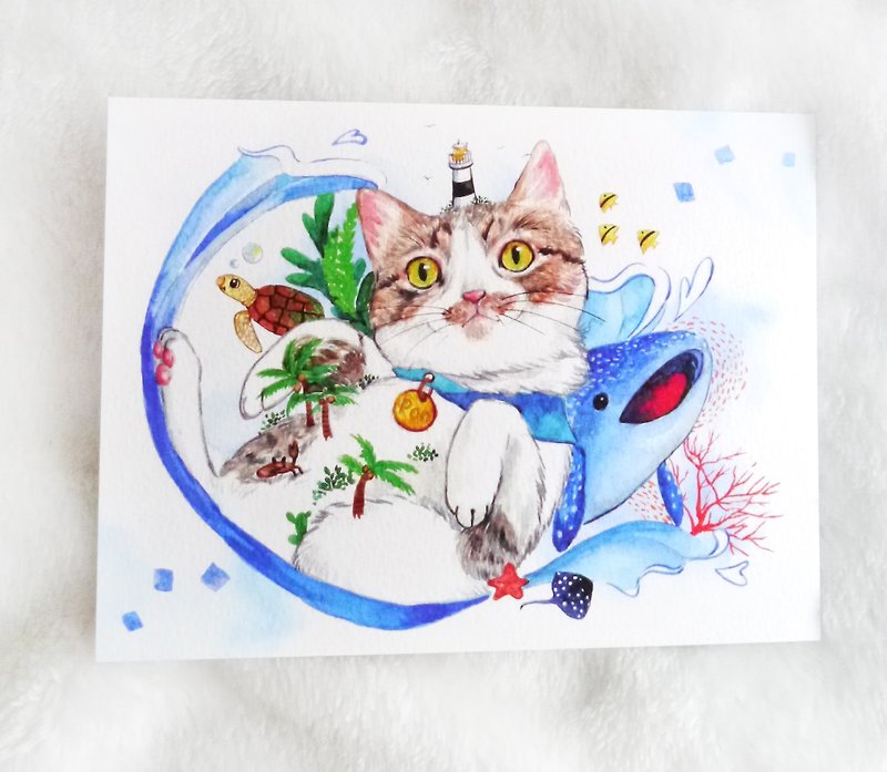 Hand-painted creative postcard-tabby cat belly island on white - การ์ด/โปสการ์ด - กระดาษ หลากหลายสี