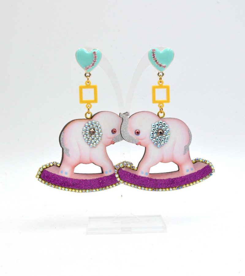 Shake baby elephant toy figure wooden ears surround crystal Stone lace American custom laser cutting can be customized - Earrings & Clip-ons - Wood Gold