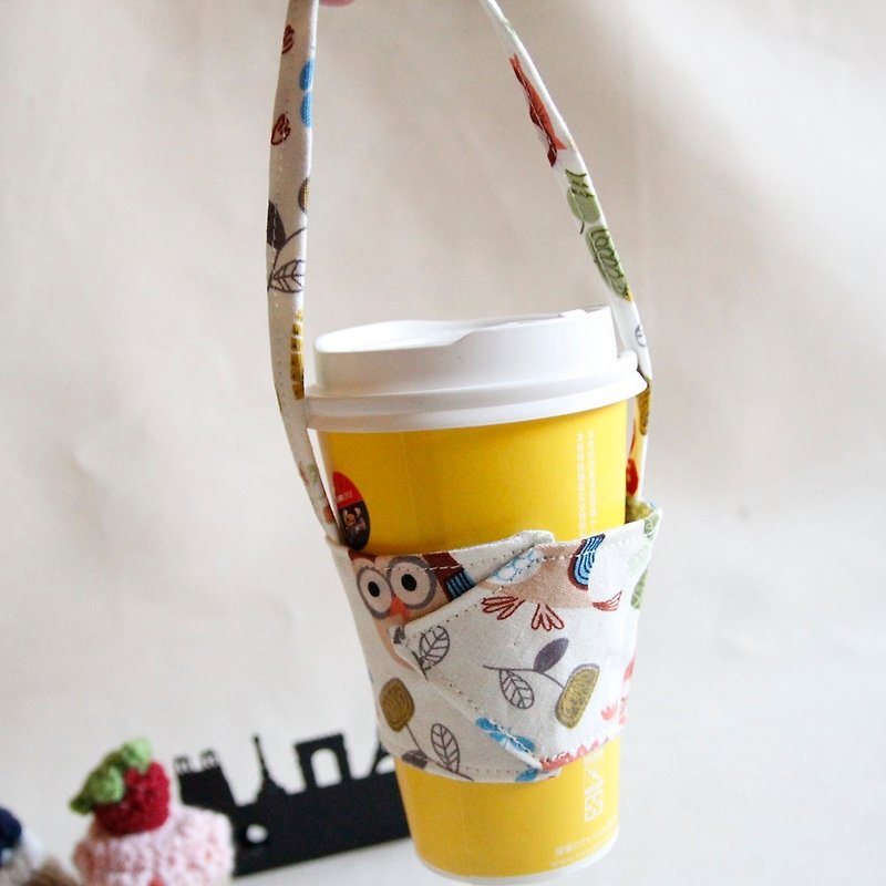 Cotton Fabric: Cup Sleeve, owl - Beverage Holders & Bags - Cotton & Hemp White