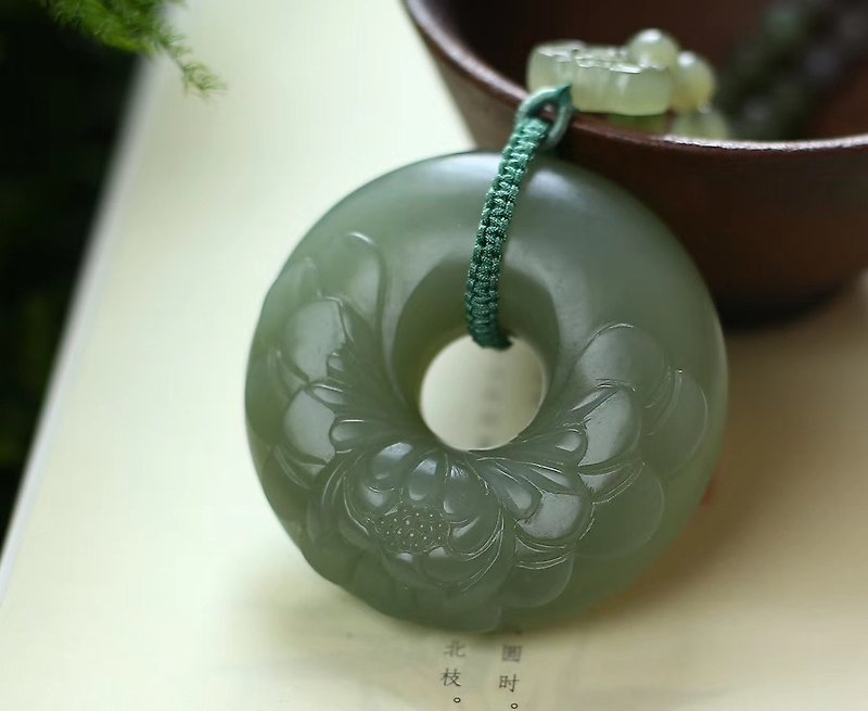 [New store welfare price] fine natural Hetian jade powder blue and white open rich bagel pendant / full round - Necklaces - Jade 