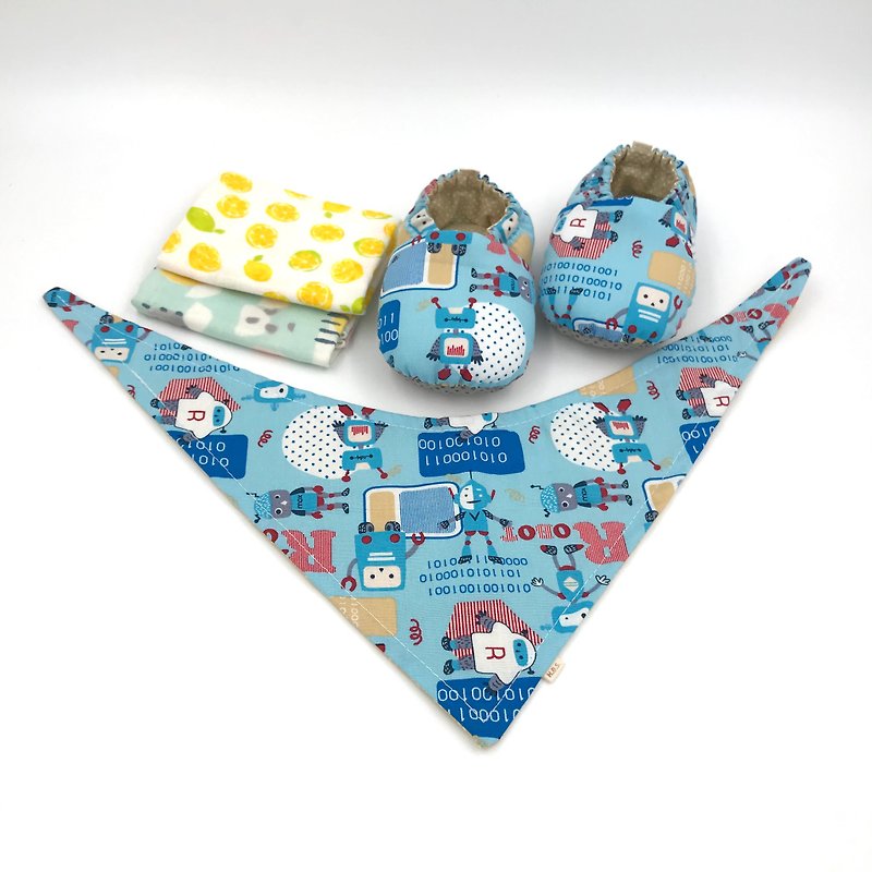 ロボット-Miyueベビーギフトボックス（幼児靴/ベビーシューズ/ベビーシューズ+ 2ハンカチ+スカーフ） - 出産祝い用贈物 - コットン・麻 ブルー