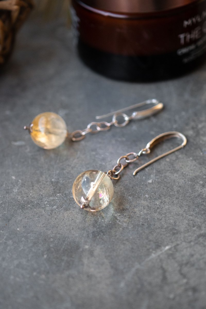 Round Citrine Earrings, 925 Silver, Aquarius stone, Gemini gem Gift - 耳環/耳夾/耳骨夾 - 半寶石 黃色