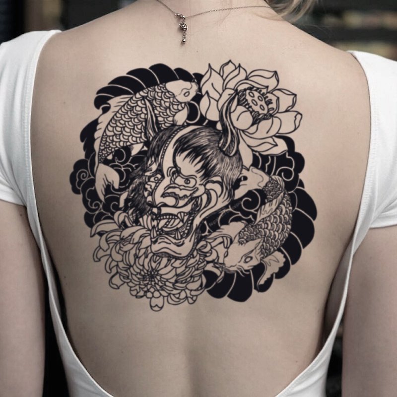 Hannya Mask and Koi Temporary Tattoo - Temporary Tattoos - Paper Black