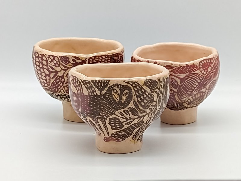 Sgraffito Pottery, Small Bowl Set 6,7 oz, Handmade Housewarming Present - เซรามิก - ดินเผา สีกากี