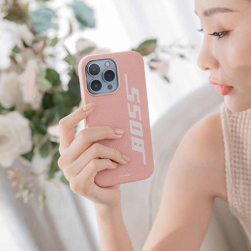 老闆字體 蜜荔殼 蜜荔粉天然皮革殼 - iPhone客製化手機殼 - 手機殼/手機套 - 其他材質 粉紅色