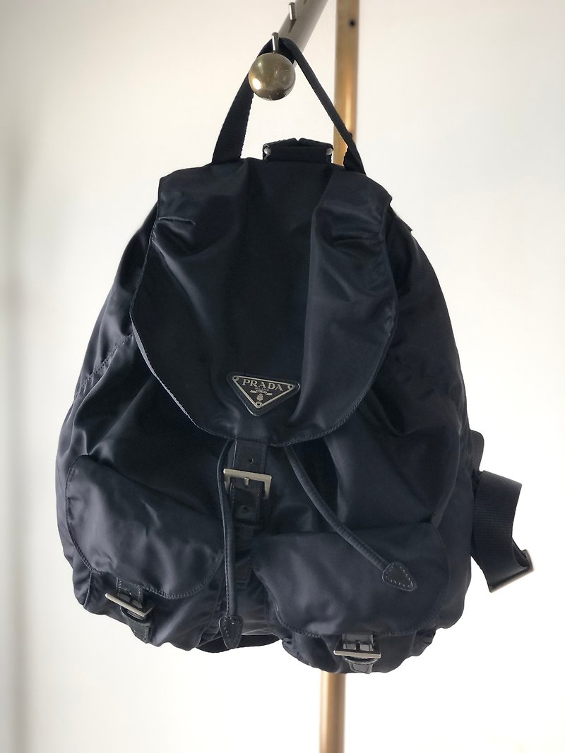 [Direct from Japan, branded used bag] PRADA Prada triangle logo backpack, black, nylon, double pocket, vintage irmwsy - กระเป๋าเป้สะพายหลัง - ไนลอน สีดำ