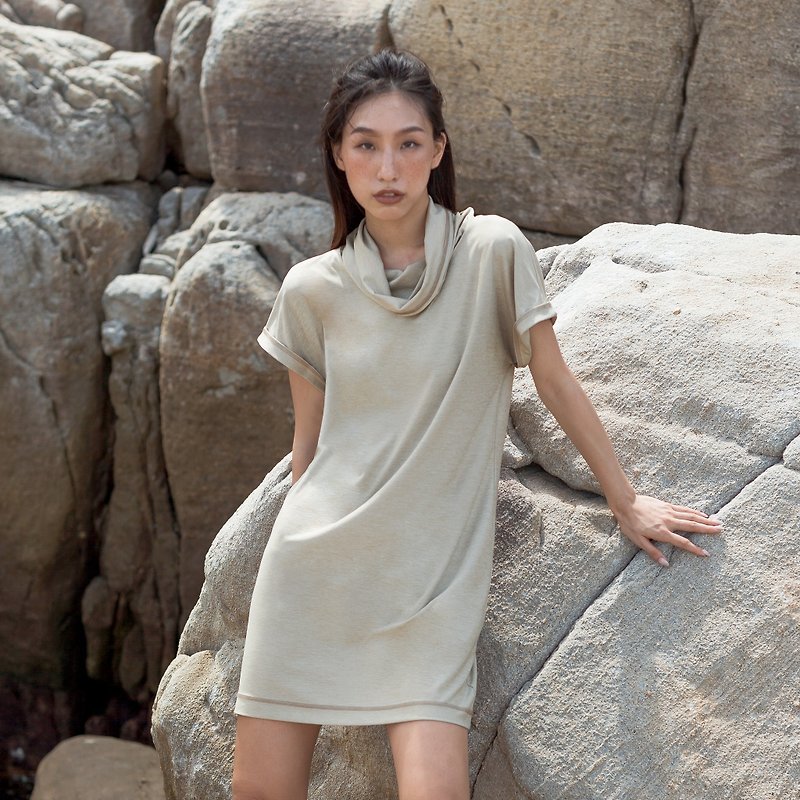 ECO-lor Funnel Neck Dress (Sand) - One Piece Dresses - Other Materials Khaki