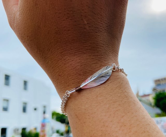 Silver Bracelet Brown Feathers 