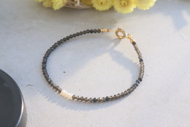 Smoke crystal natural stone pearl brass bracelet 0995 <black> - Bracelets - Gemstone Black