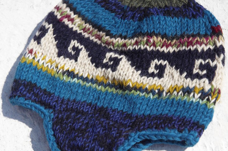 Christmas gifts limited creative gift a hand-knitted pure wool cap / handmade wool cap / knitted wool cap / flying cap / wool cap - blue-blue Mediterranean Eastern European ethnic totem - Hats & Caps - Wool Multicolor