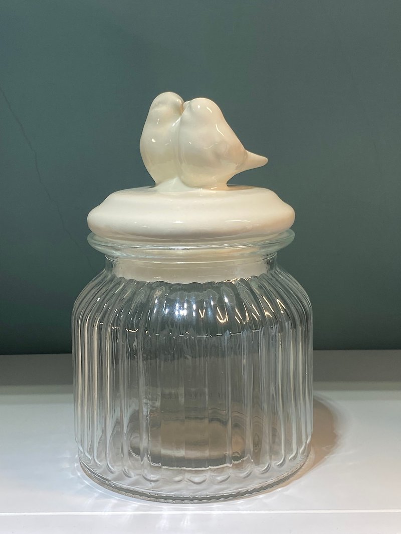 NIQQI Ceramic Glass Lovebird Glass Storage Jar - Items for Display - Glass White