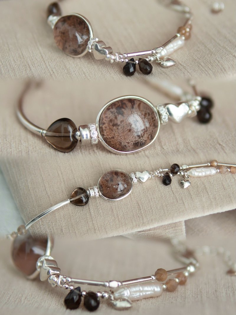 Bark mica + smoky quartz + sunstone + S925 Silver bracelet - สร้อยข้อมือ - คริสตัล 