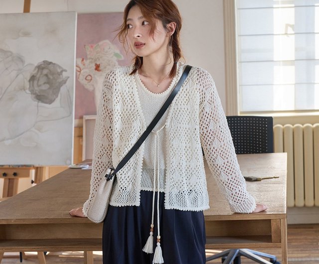 透かし編みニットカーディガン｜カーディガン｜ジャケット｜バイカラー