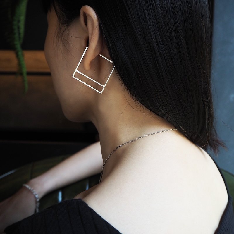square a earring_方框a耳骨環 925銀 沒耳洞 耳環 耳夾 訂製 - 耳環/耳夾/耳骨夾 - 銀 銀色